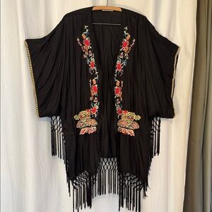 Johnny Was Floral Embroidered Silk Fringe Kimono
